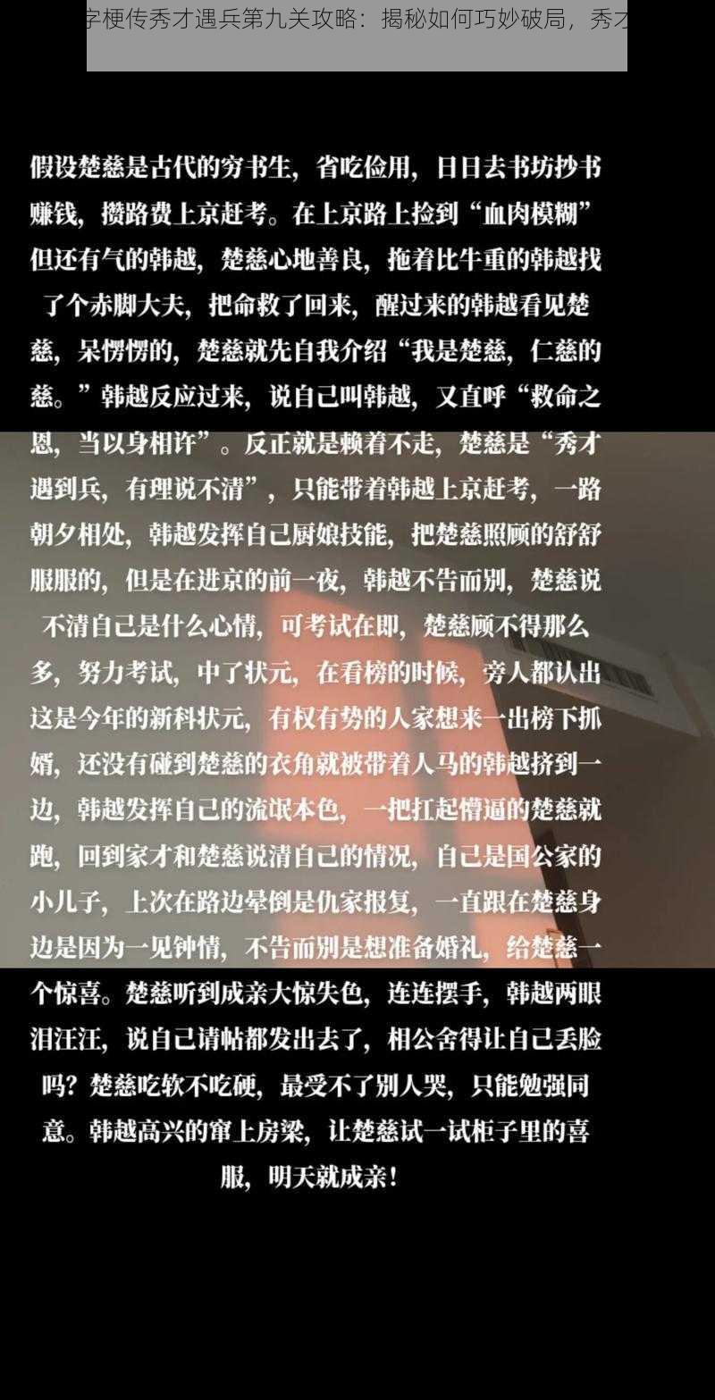 抖音文字梗传秀才遇兵第九关攻略：揭秘如何巧妙破局，秀才智胜通关秘籍