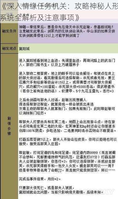 《深入情缘任务机关：攻略神秘人形系统全解析及注意事项》