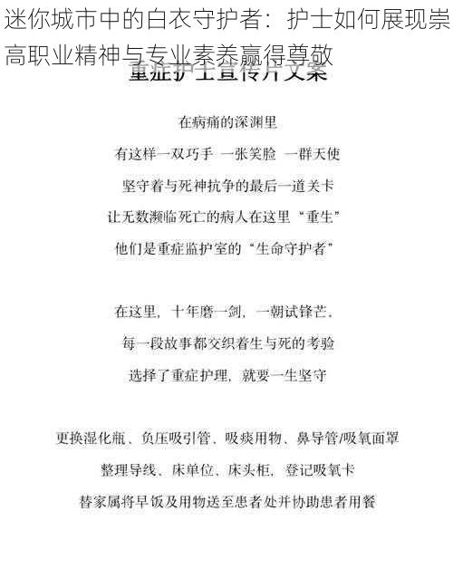 迷你城市中的白衣守护者：护士如何展现崇高职业精神与专业素养赢得尊敬