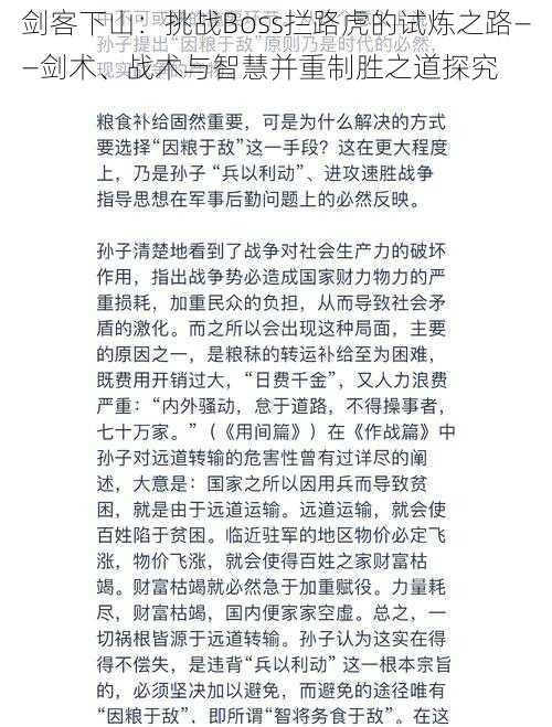 剑客下山：挑战Boss拦路虎的试炼之路——剑术、战术与智慧并重制胜之道探究