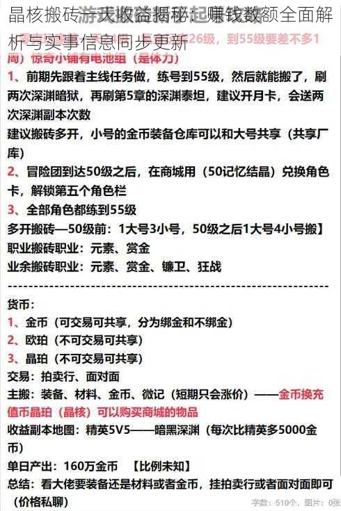 晶核搬砖一天收益揭秘：赚钱数额全面解析与实事信息同步更新